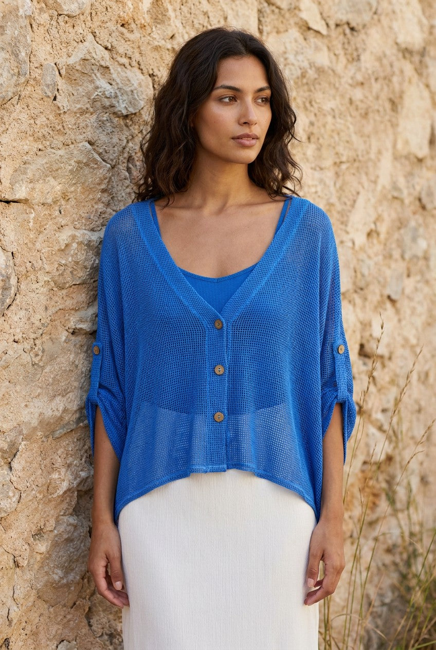 Cobalt Blue Washed Linen Mesh Button Cardigan styled