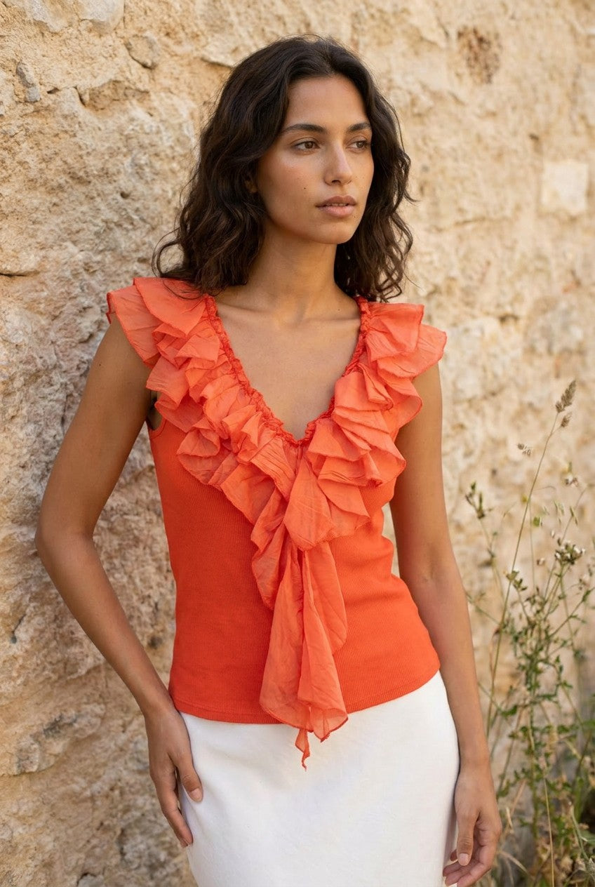 Coral Ribbed Cotton Top with Silk Ruffle Trim — Urban Wild