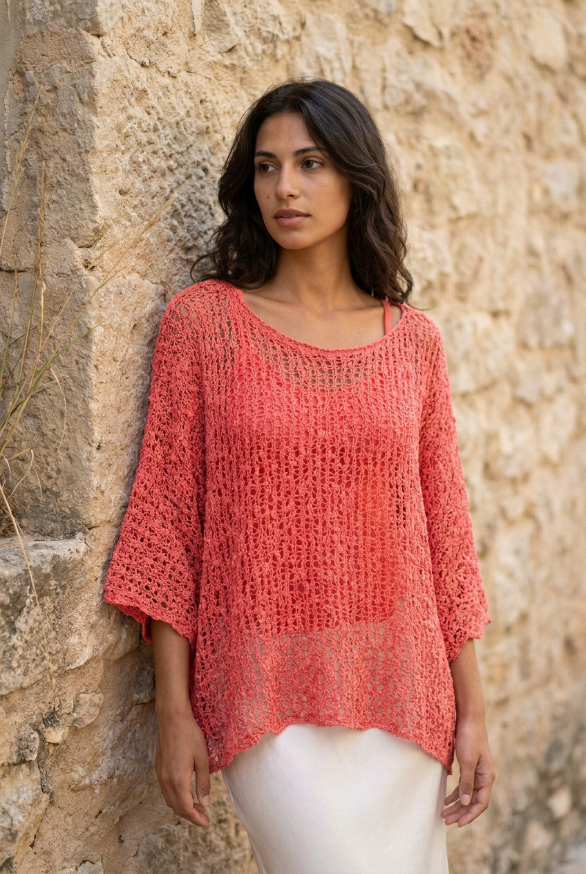 Coral Open Weave Knit Poncho Top — Urban Wild