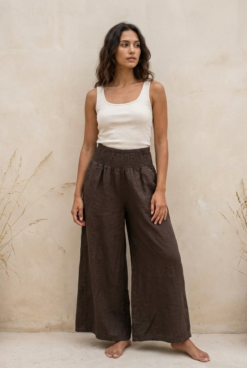 Dark Brown Linen Palazzo Trousers with Shirred Waist styled