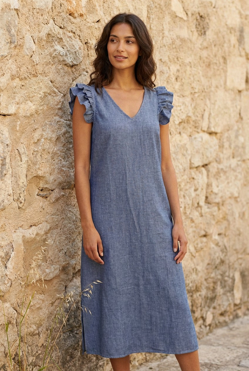 Denim Blue Washed Linen Frill Sleeve Midi Dress — Urban Wild