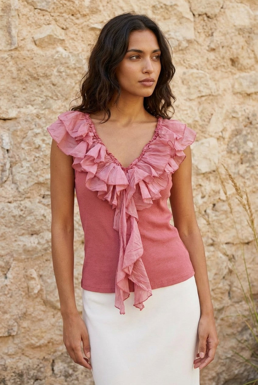 Dust Pink Ribbed Cotton Top with Silk Ruffle Trim — Urban Wild