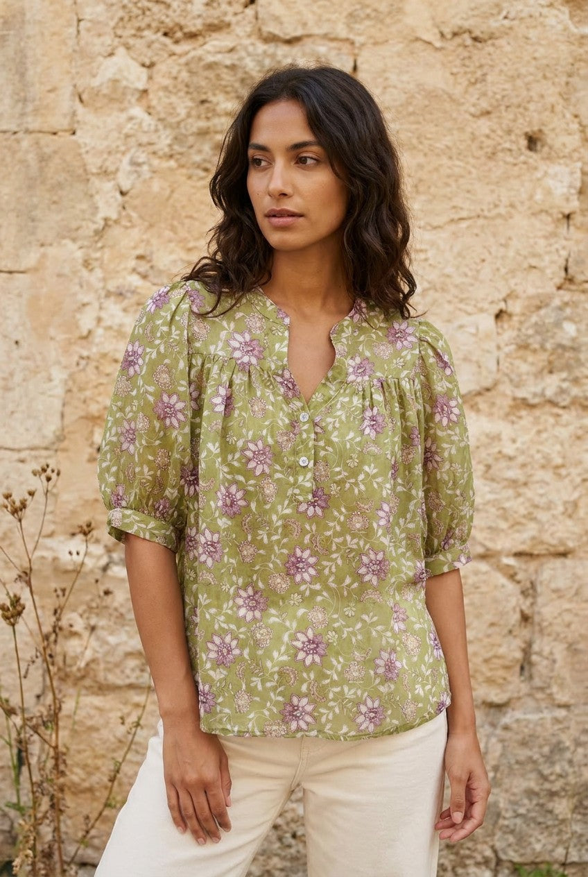 Green Botanical Print Cotton Blouse — Urban Wild