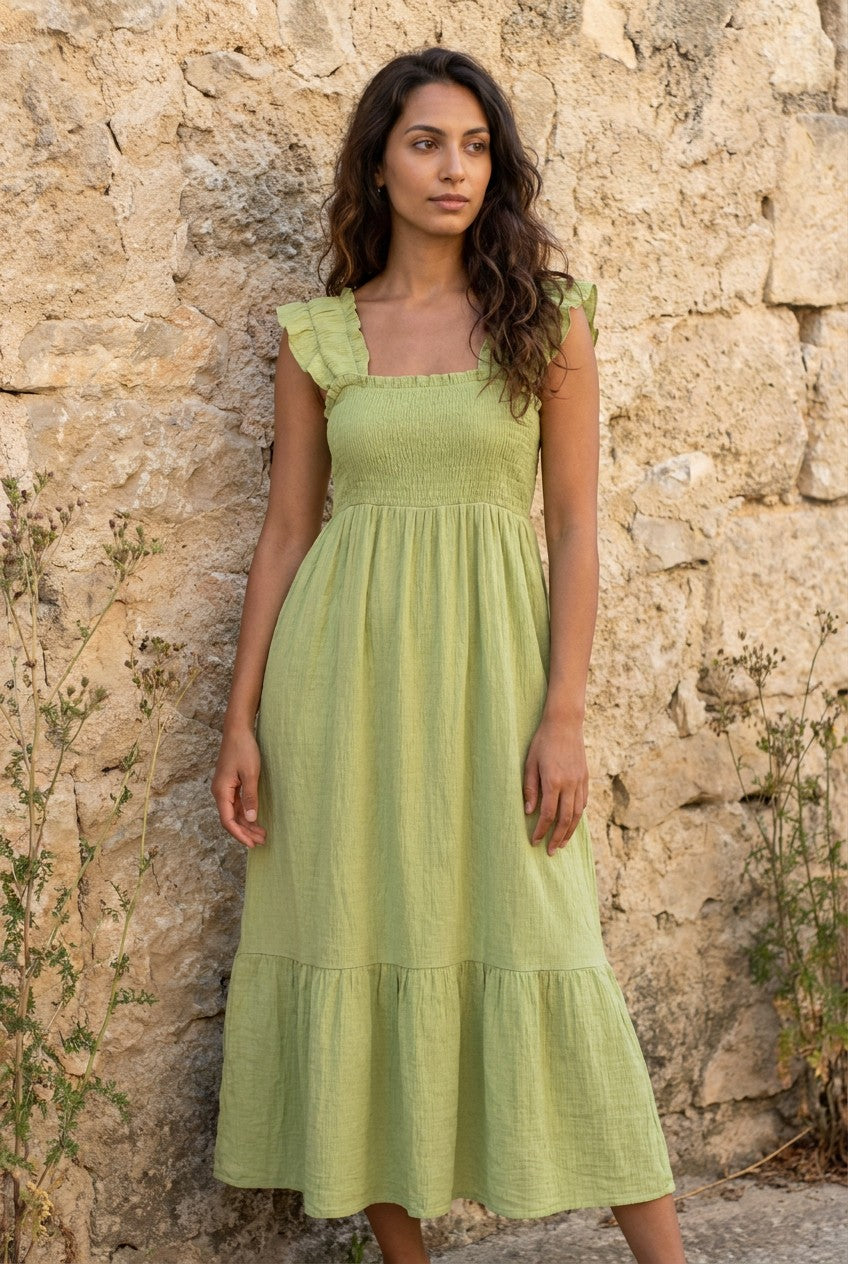 Green Crinkle Frill Strap Tiered Maxi Dress