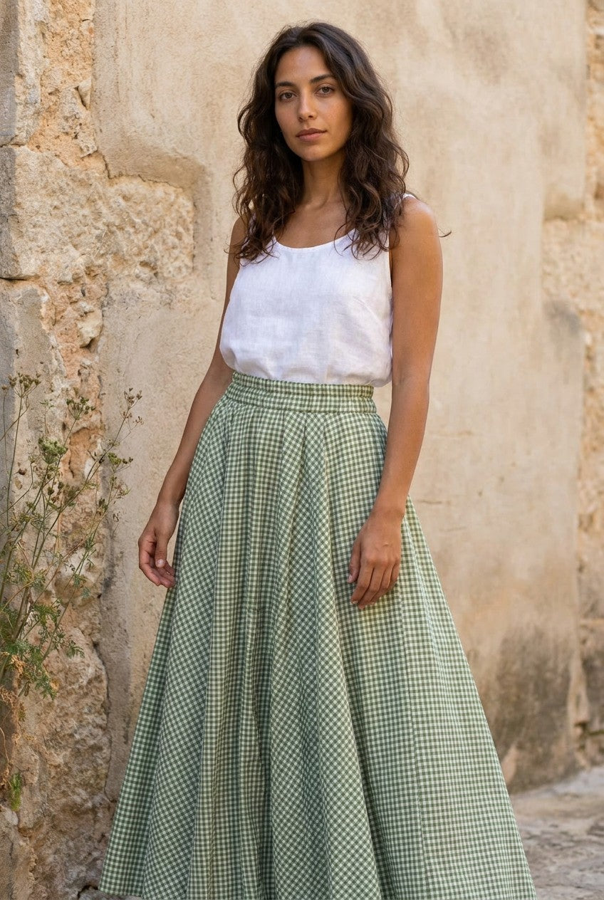 Green Gingham Cotton Maxi Skirt styled