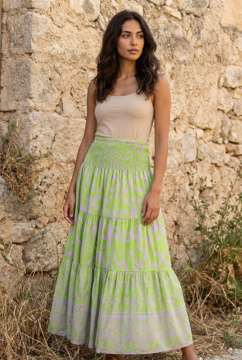 Green Viscose Tiered Skirt Dress — Urban Wild