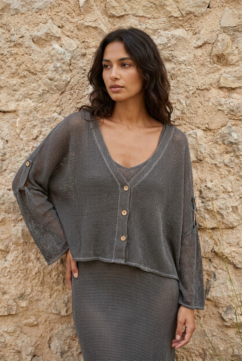 Grey Washed Linen Mesh Button Cardigan styled