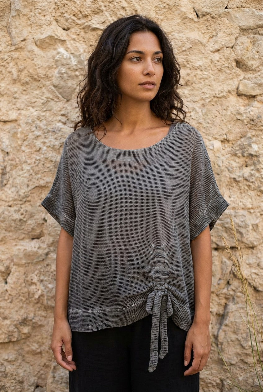 Grey Washed Linen Mesh Ruched Top styled