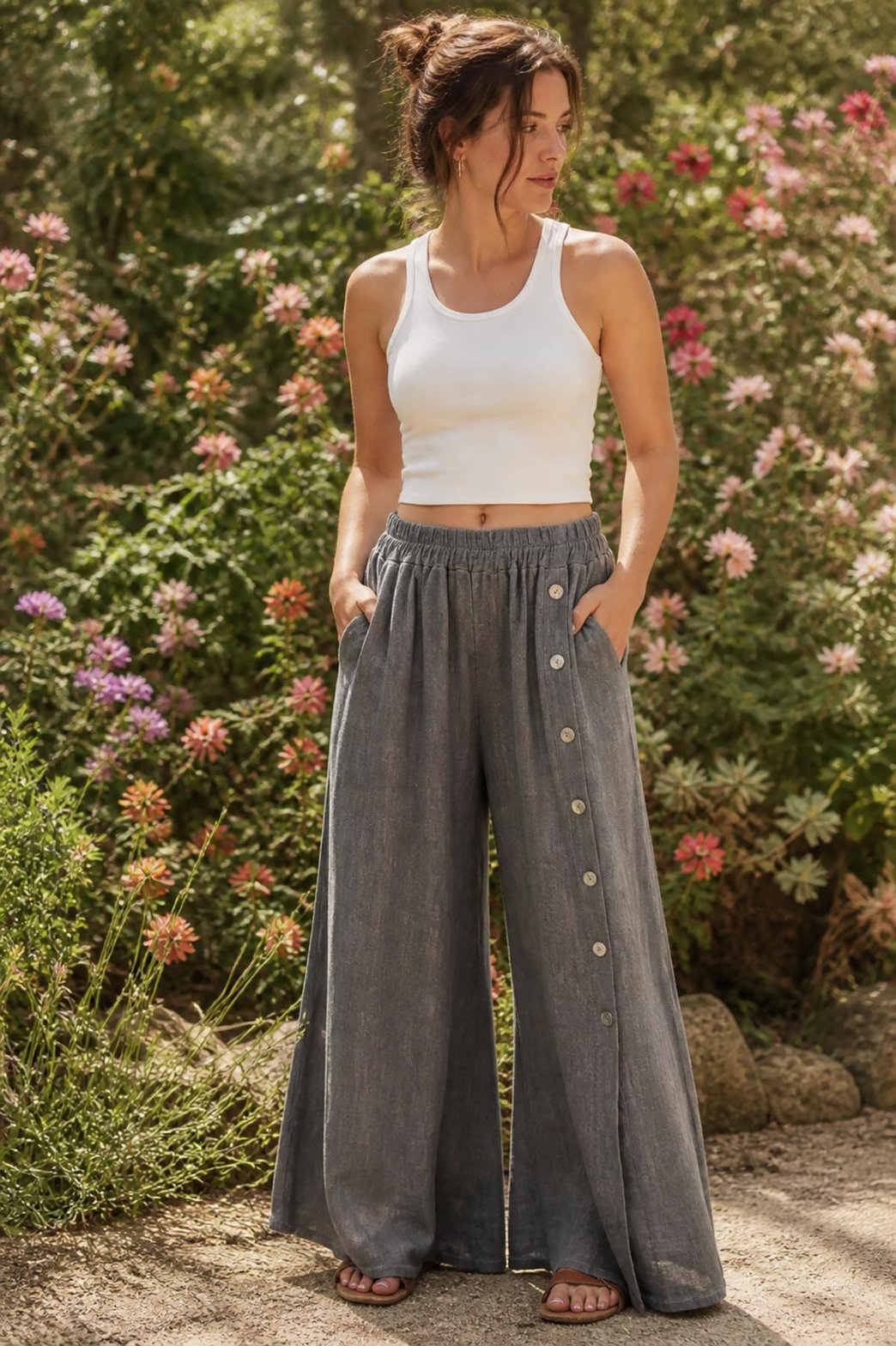 Grey Washed Linen Wide-Leg Side Button Palazzo Trousers styled