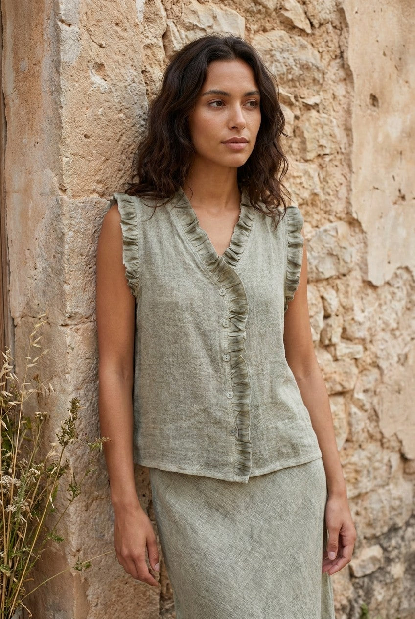 Khaki Washed Linen Frill Buttoned Vest Top — Urban Wild