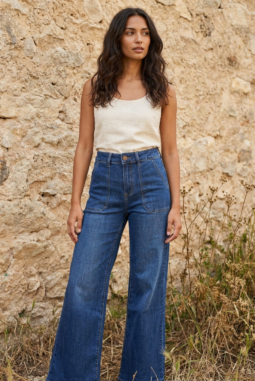Mid Wash Blue High-Waisted Wide Leg Jeans styled