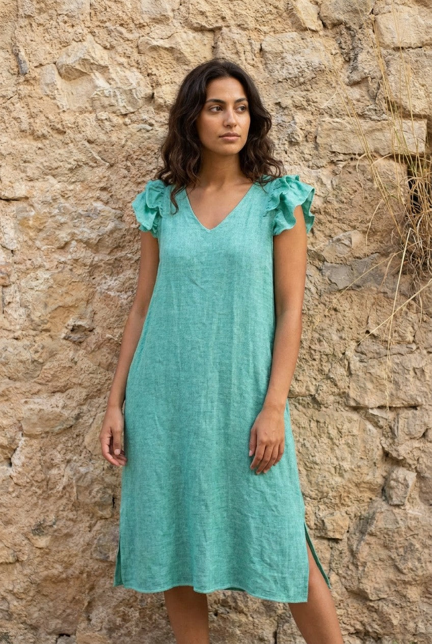 Mint Green Washed Linen Frill Sleeve Midi Dress — Urban Wild