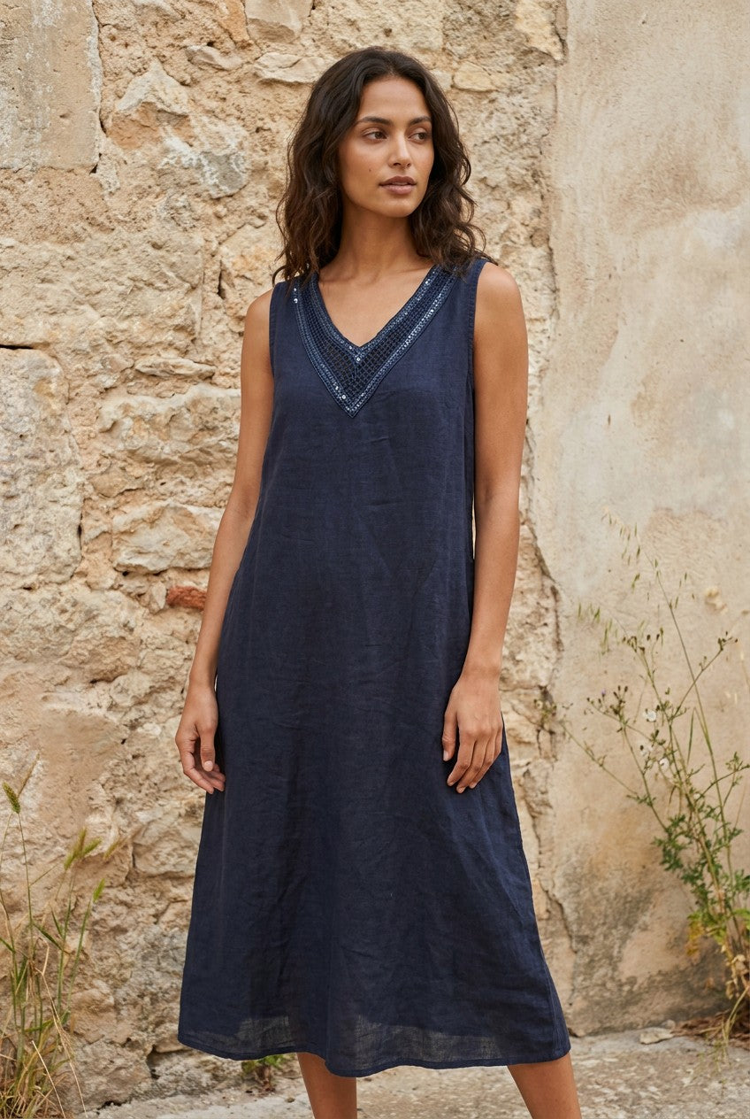 Navy Linen Sequin V-Neck Maxi Dress — Urban Wild