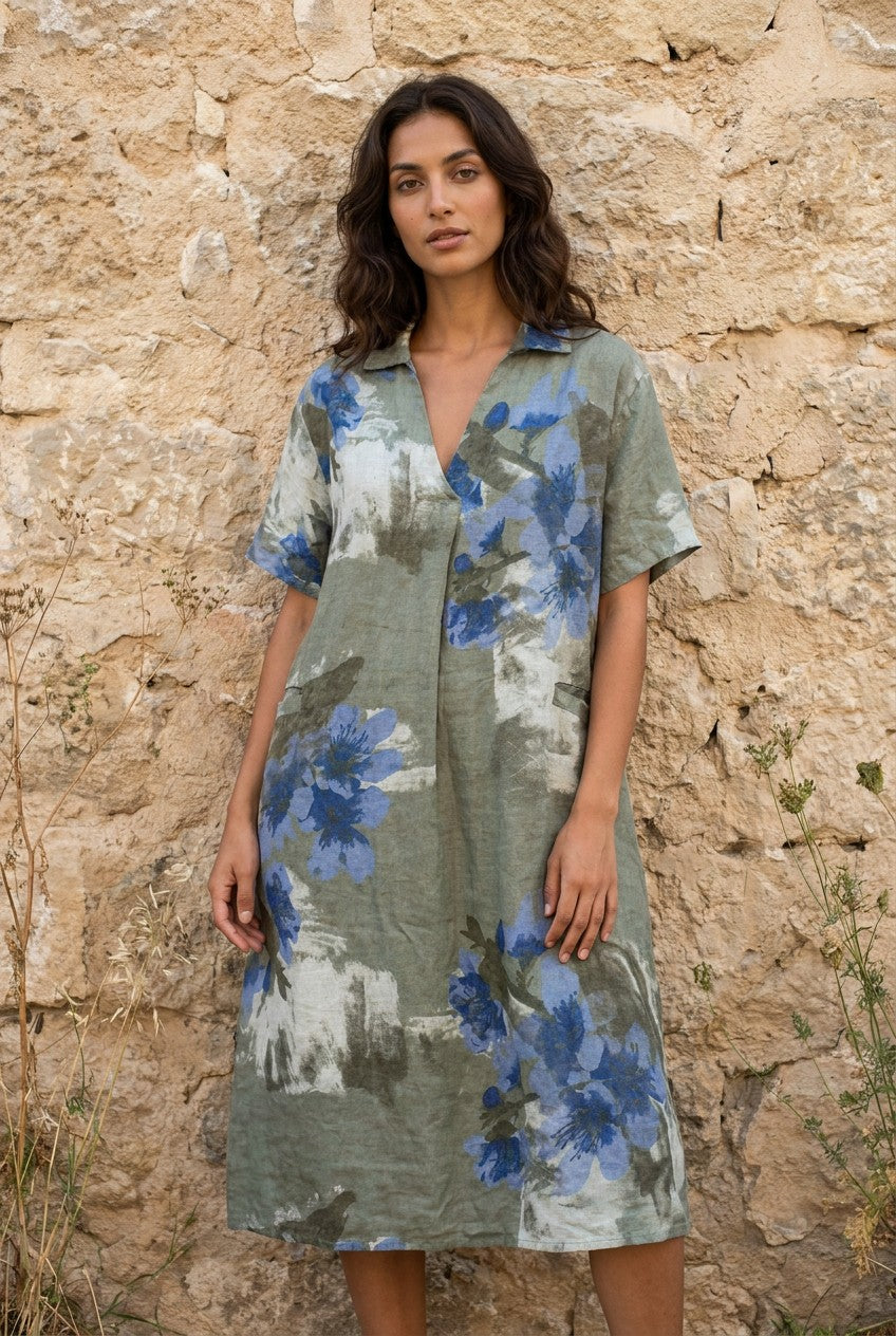 Olive Green Floral Linen Midi Shirt Dress — Urban Wild