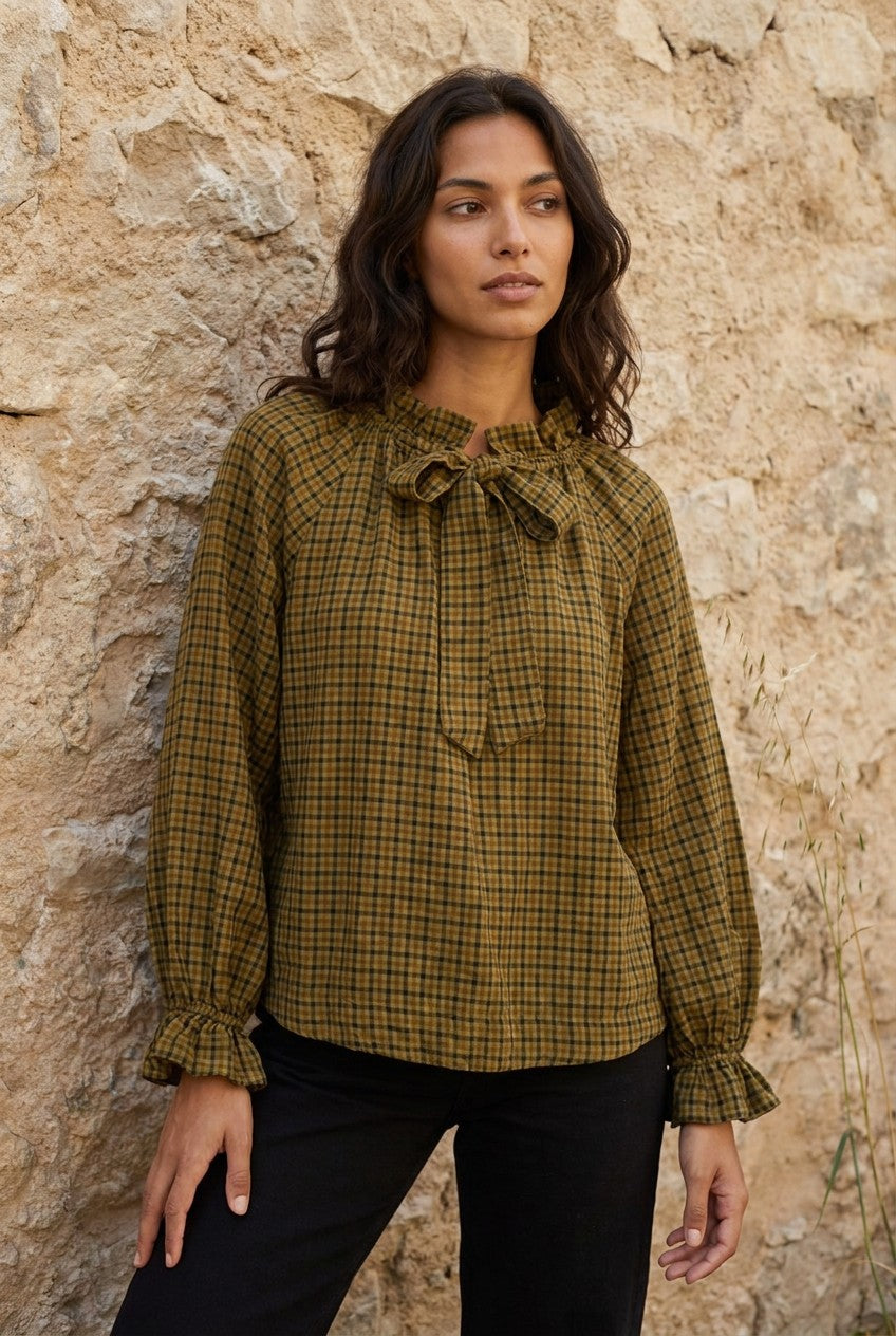Olive Gingham Cotton Blend Bow Blouse — Urban Wild