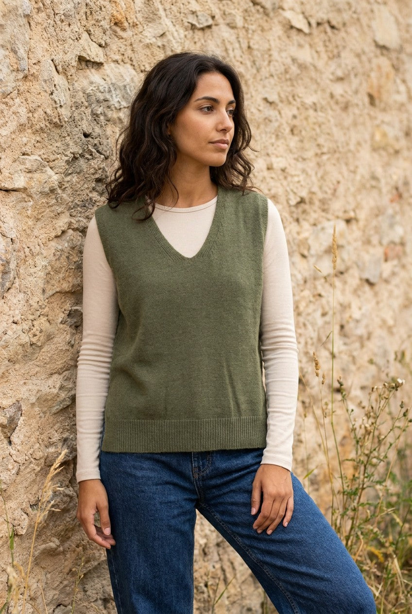 Olive Green Knitted V-Neck Vest — Urban Wild