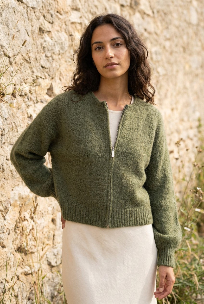 Olive Green Mohair Zip-Up Cardigan — Urban Wild