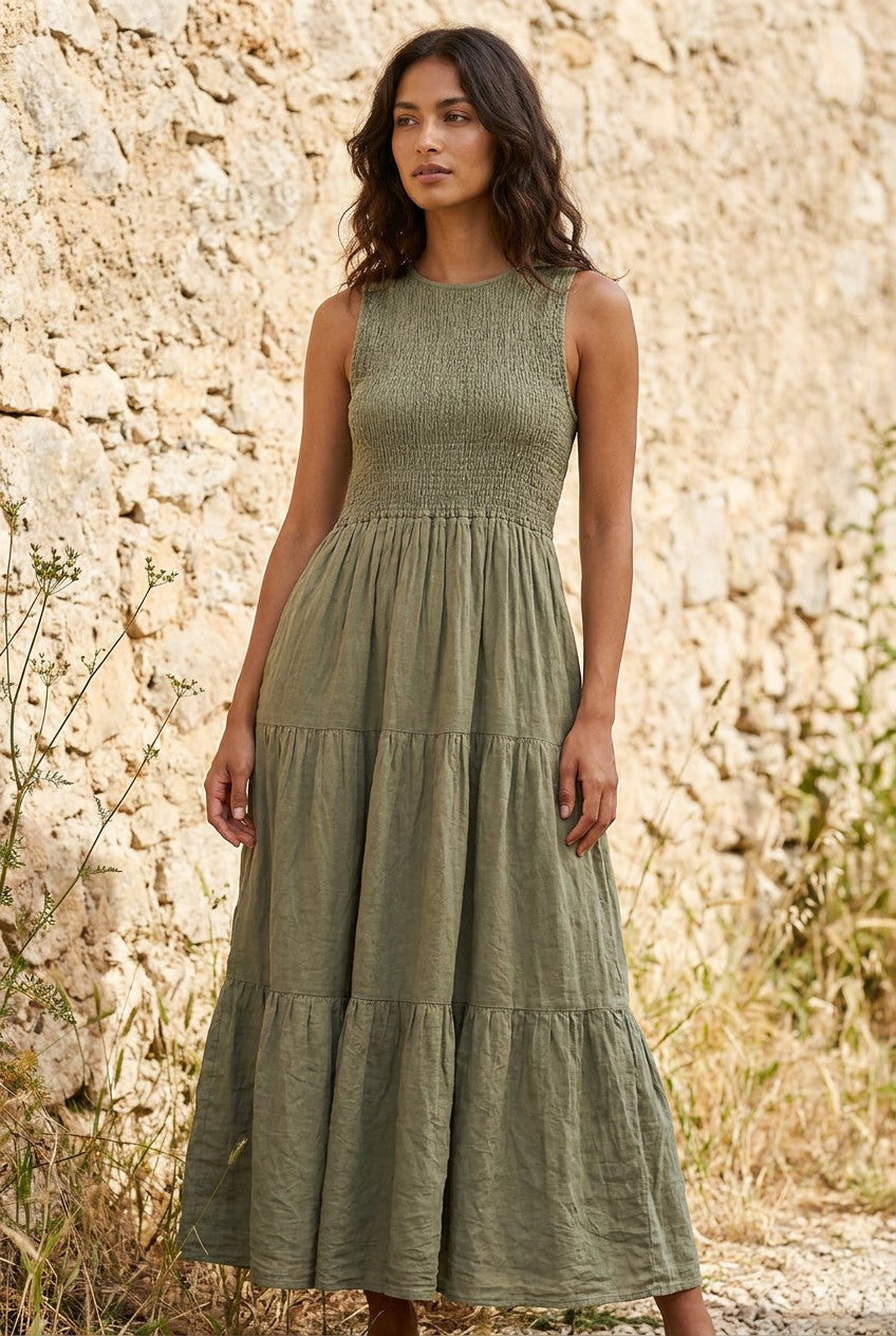 Olive Green Smocked Cotton Tiered Midi Dress — Urban Wild