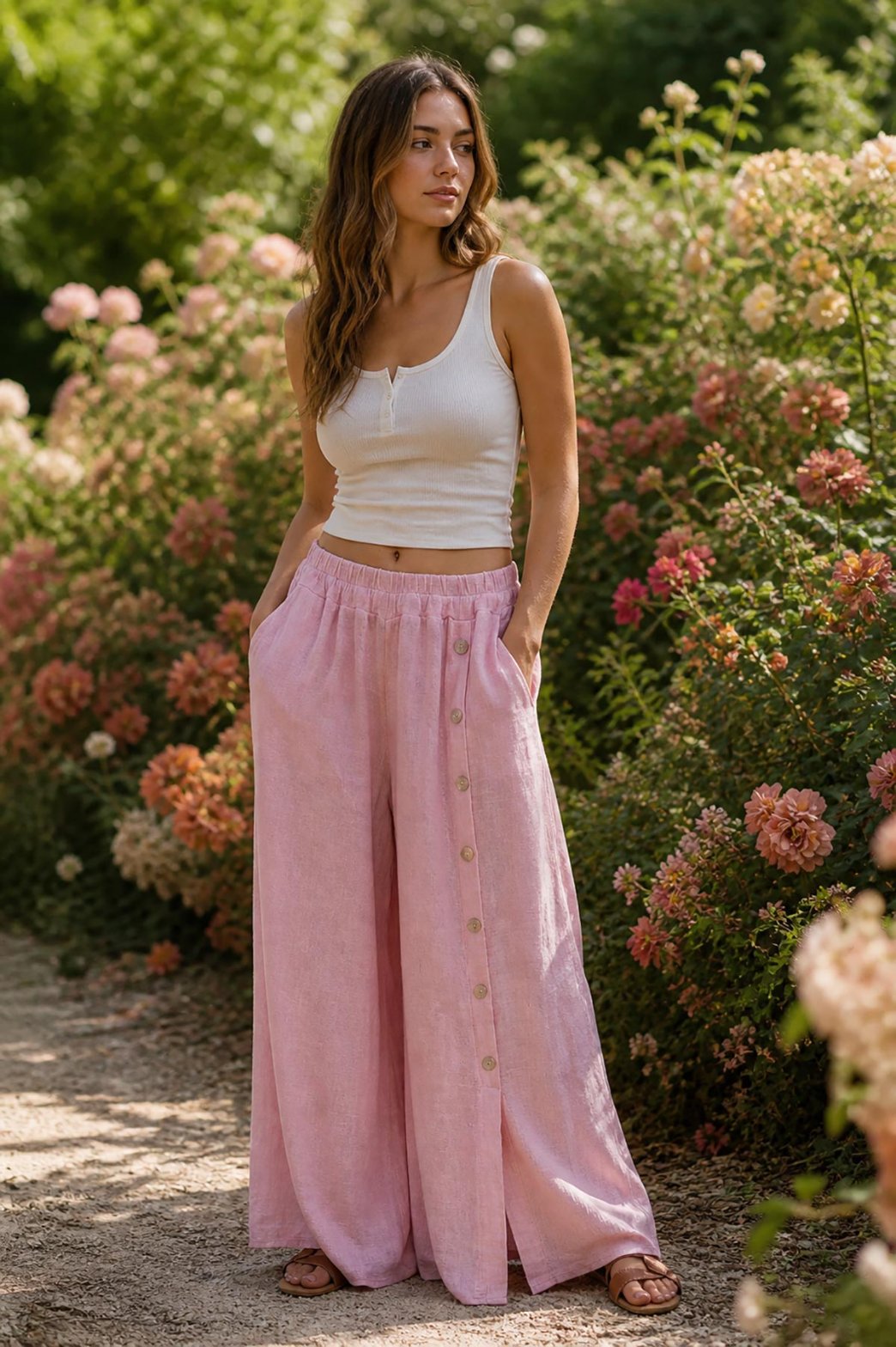Pink Washed Linen Wide-Leg Side Button Palazzo Trousers styled