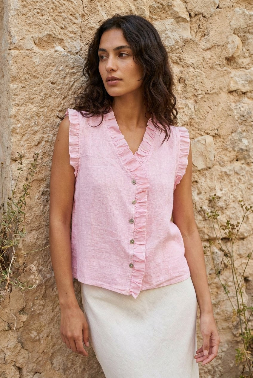 Pink Washed Linen Frill Buttoned Vest Top — Urban Wild