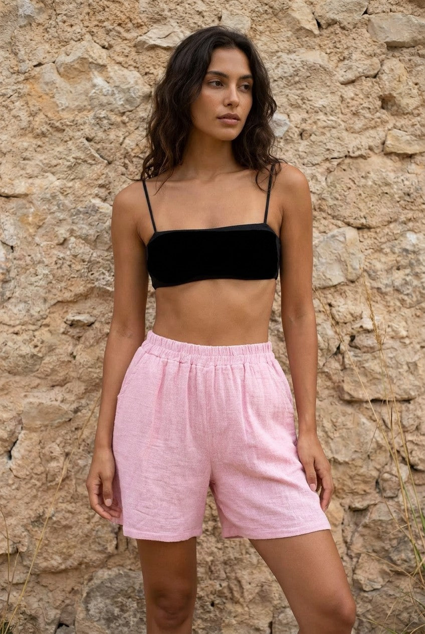 Pink Washed Linen Elasticated Shorts styled