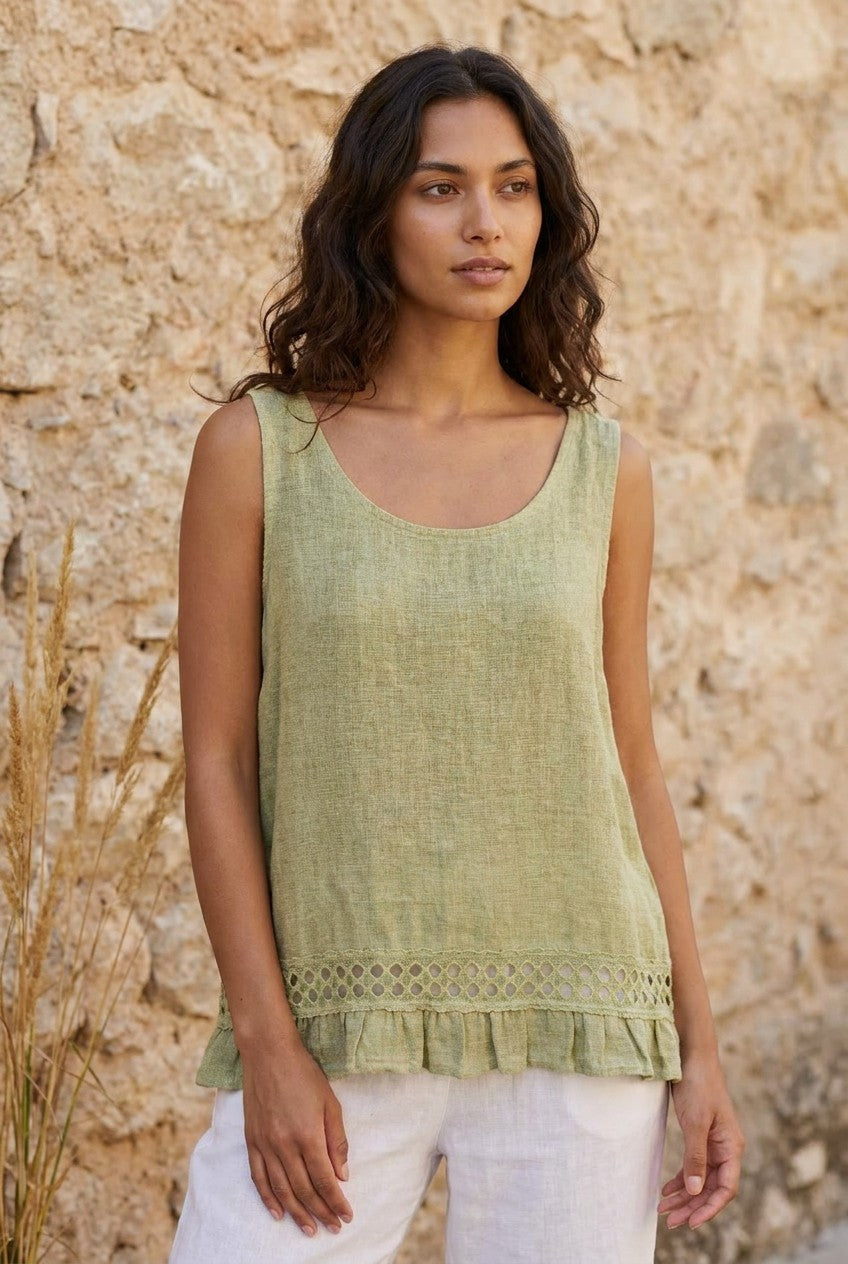 Pistachio Linen Cotton Lace Trim Vest Top styled