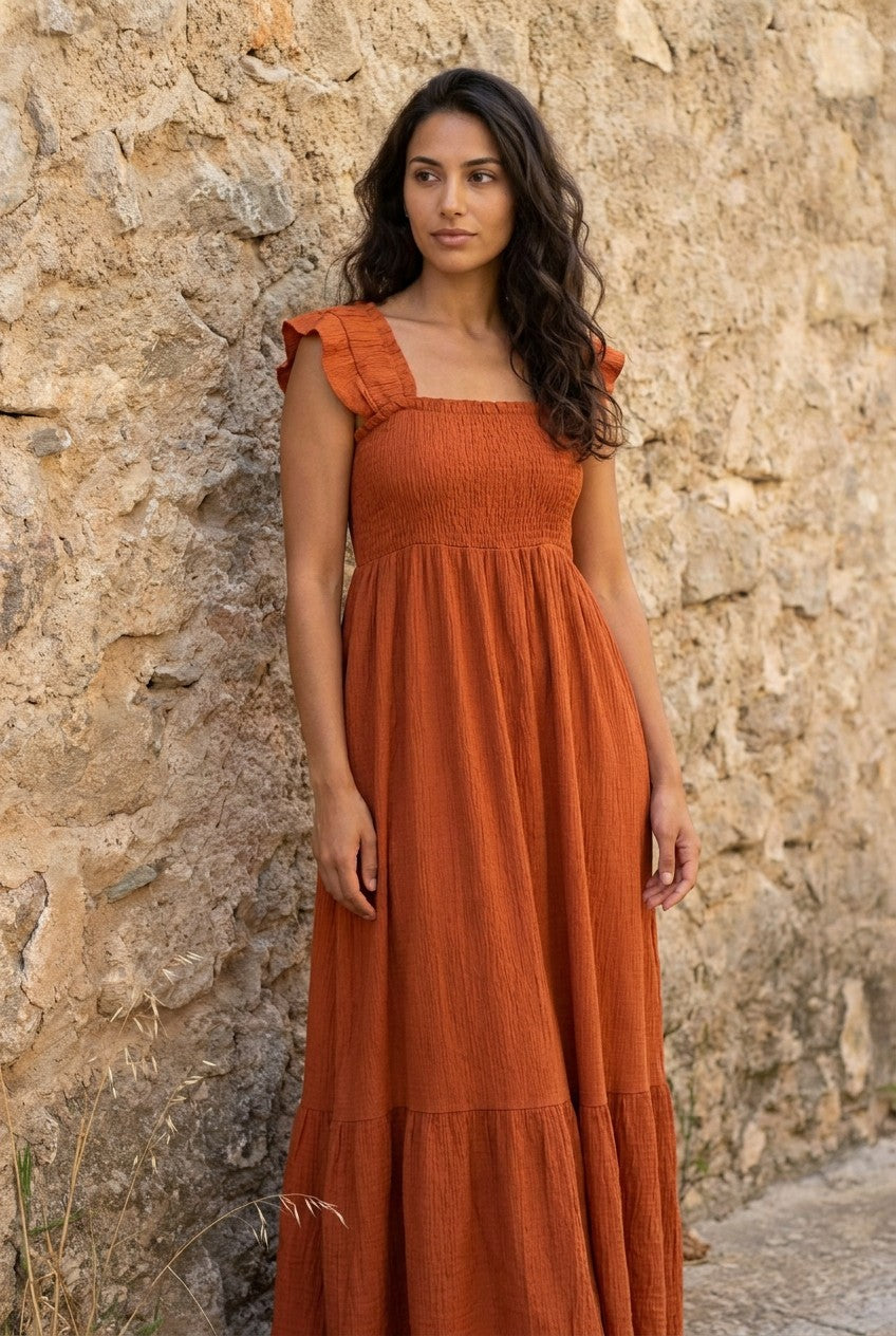 Rust Crinkle Frill Strap Tiered Maxi Dress styled