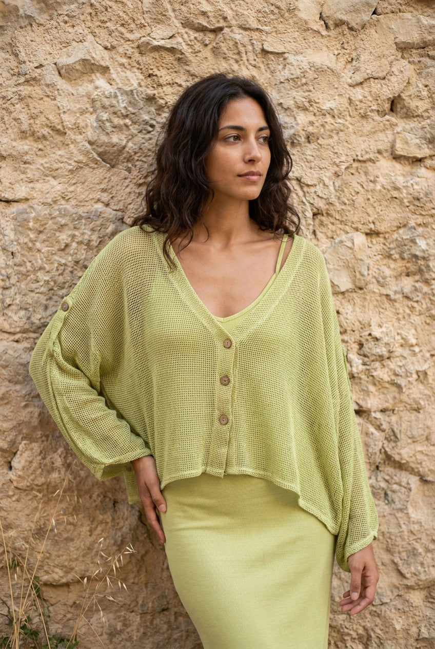 Sage Washed Linen Mesh Button Cardigan styled
