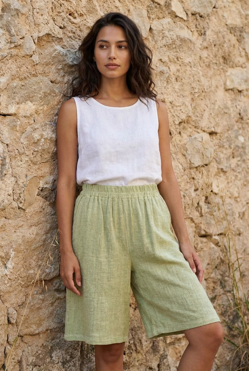 Sage Green Washed Linen Elasticated Shorts styled