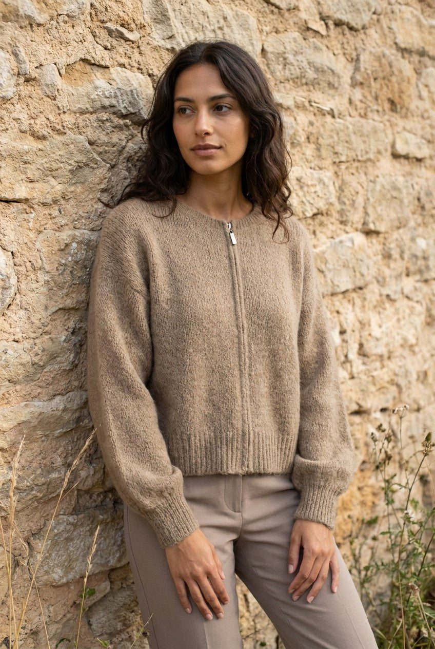 Taupe Mohair Zip-Up Knit Cardigan — Urban Wild