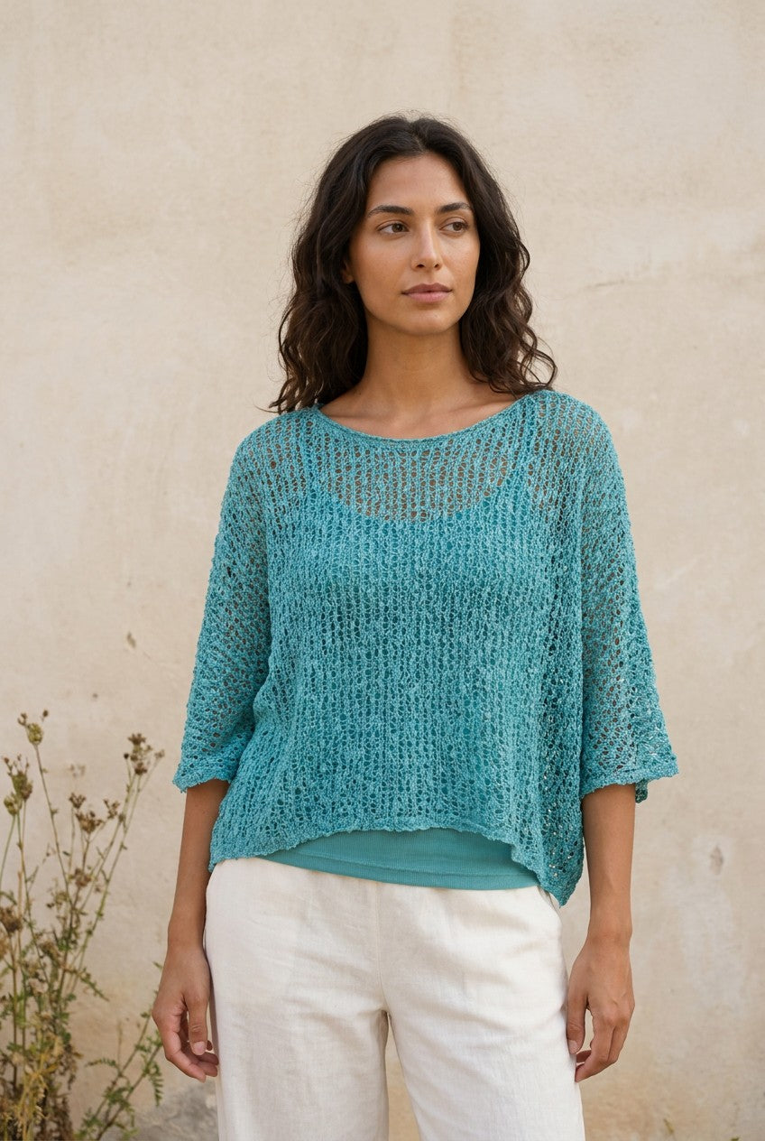 Turquoise Open Weave Knitted Oversized Top — Urban Wild