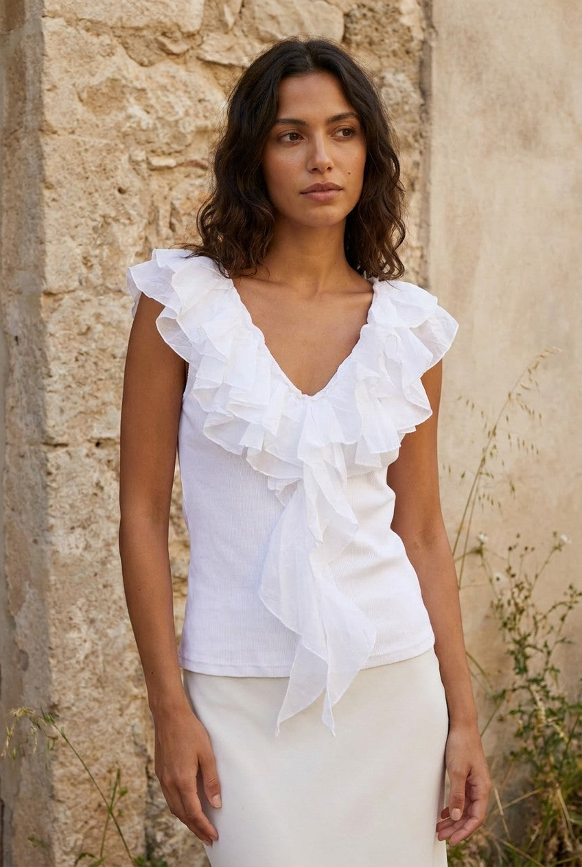 White Ribbed Cotton Top with Silk Ruffle Trim — Urban Wild