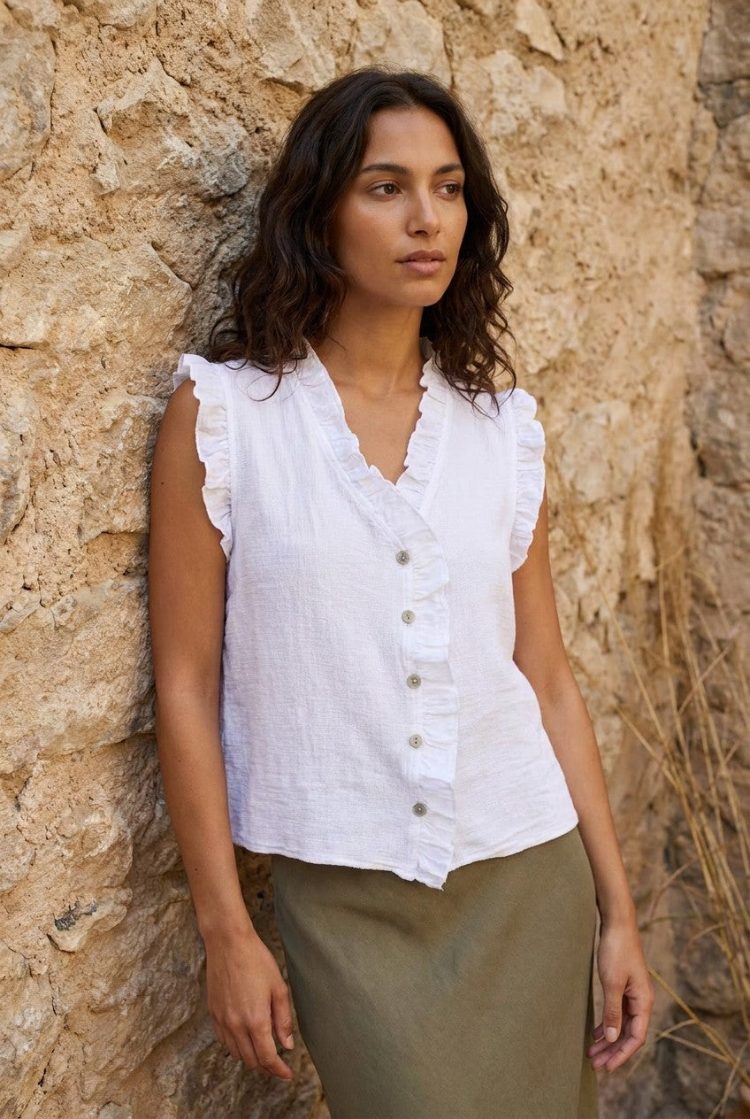 White Washed Linen Frill Buttoned Vest Top — Urban Wild