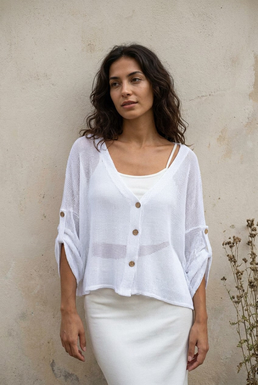 White Washed Linen Mesh Button Cardigan styled