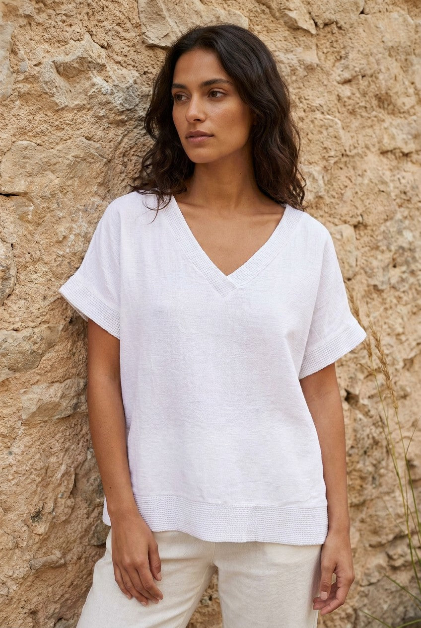 White Washed Linen V-Neck Mesh Edged Top styled