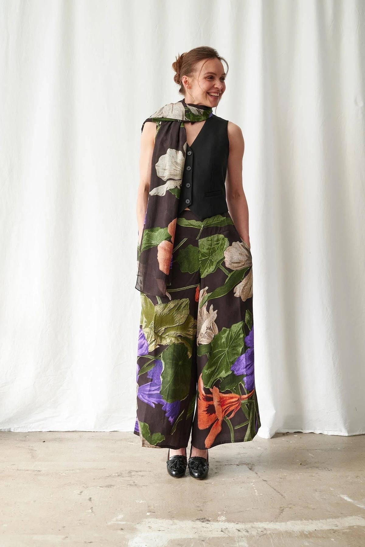 Nasturtium black floral print scarf in soft Modal and Cupro blend — Urban Wild