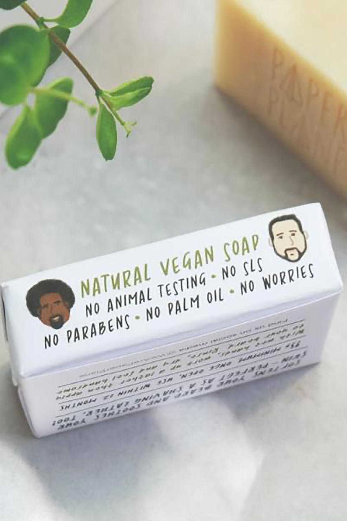 Side of Paper Plane vegan beard soap bar showing no palm oil and no parabens credentials — Urban Wild