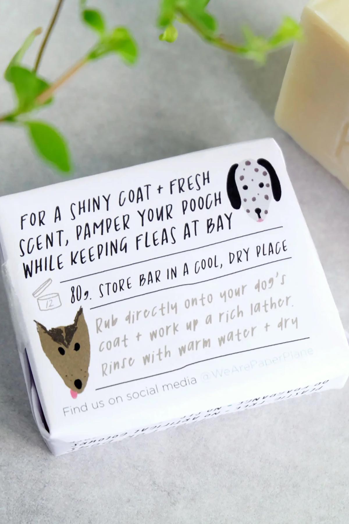 Paper Plane dog shampoo bar back of pack instructions for shiny coat and flea repel — Urban Wild