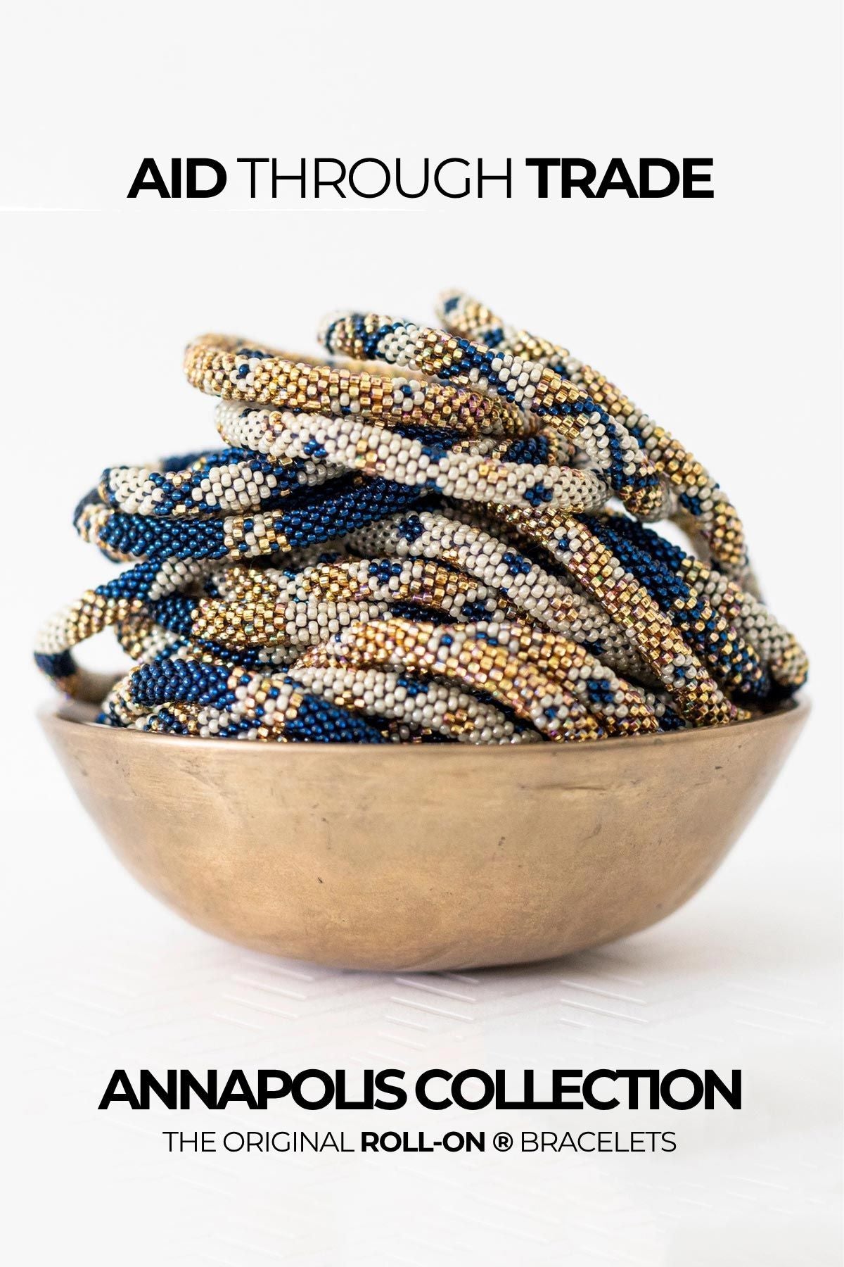 Nautical blue white and gold Roll-On beaded bracelet handmade in Nepal — Urban Wild