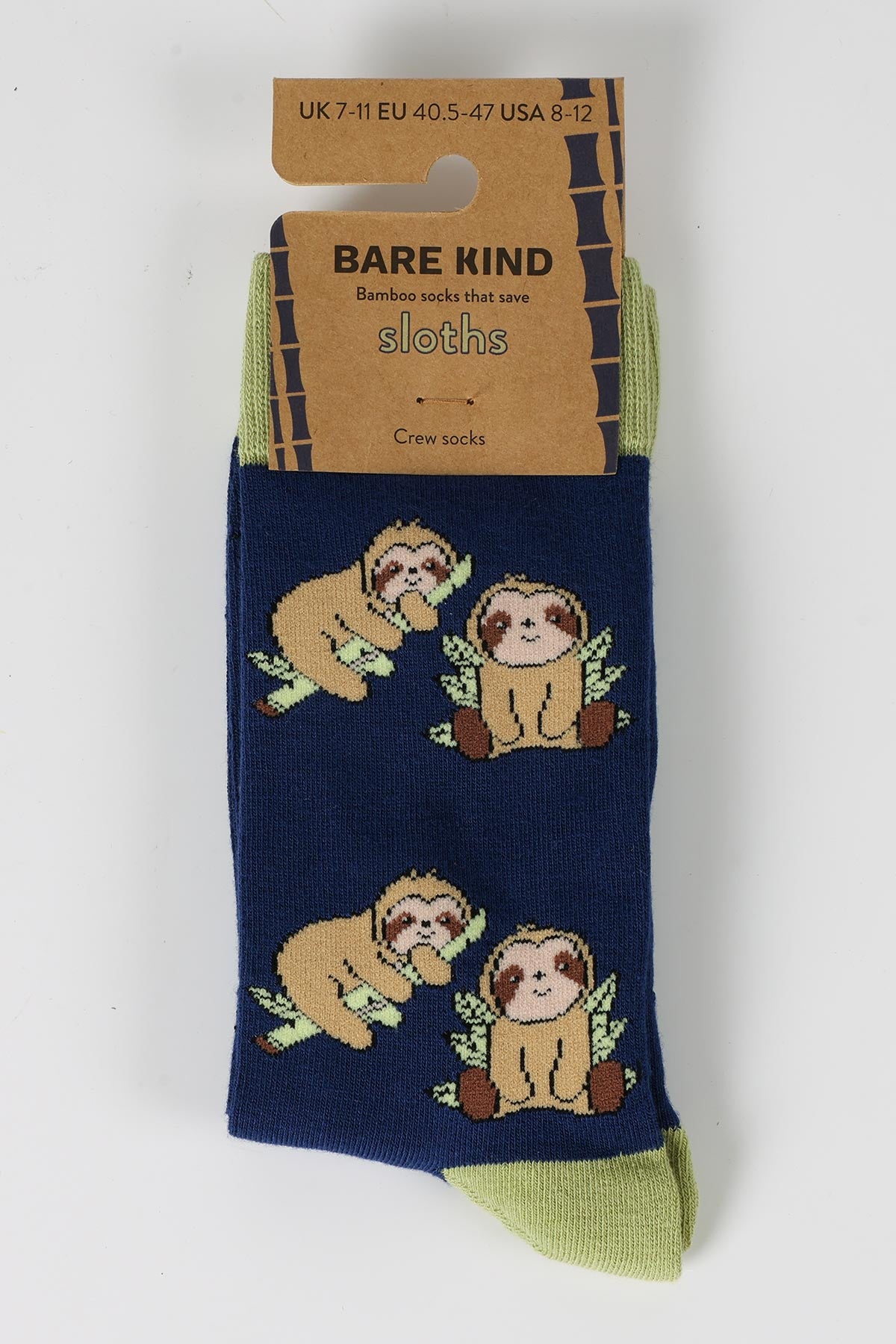 Bare Kind Save the Sloths navy bamboo crew socks in plastic-free packaging — Urban Wild