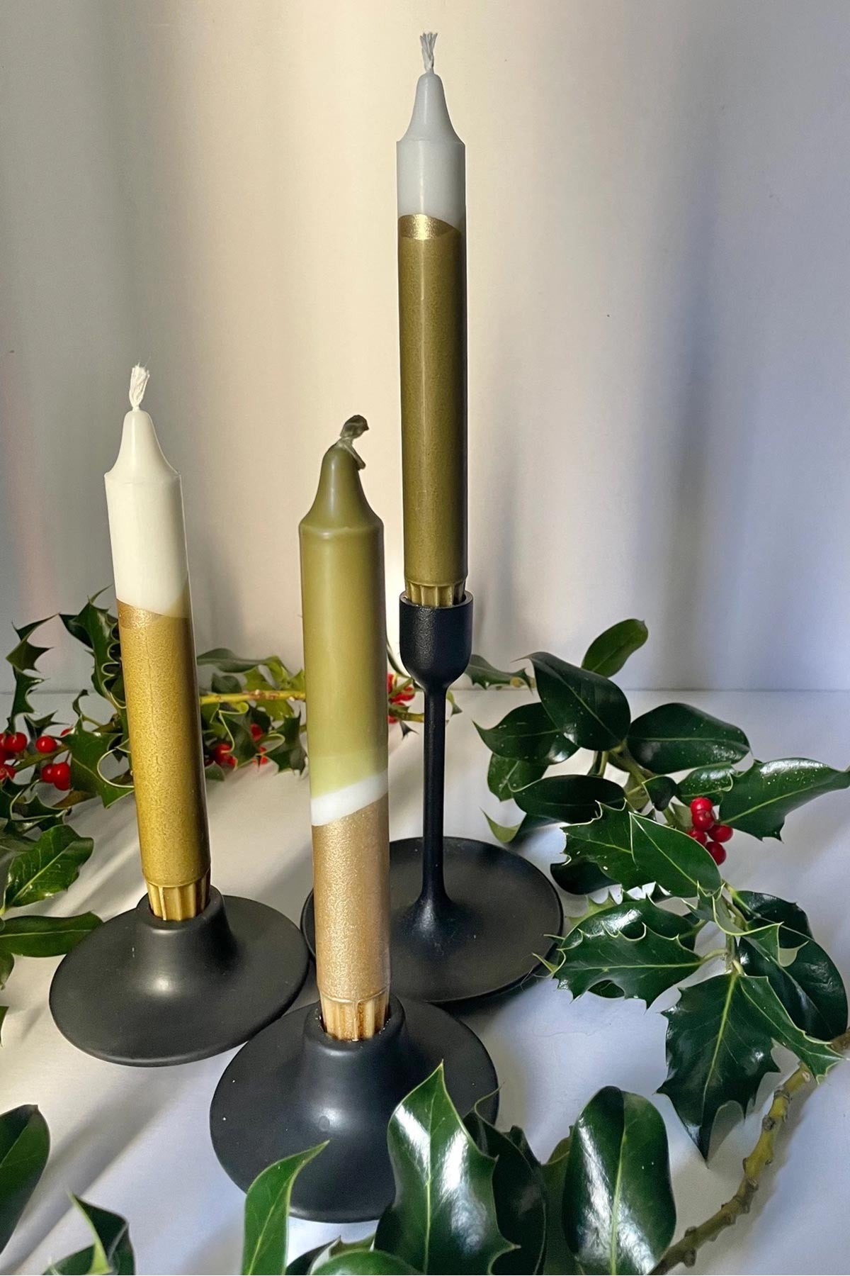 Set of three artisan olive and gold taper dinner candles gift — Urban Wild