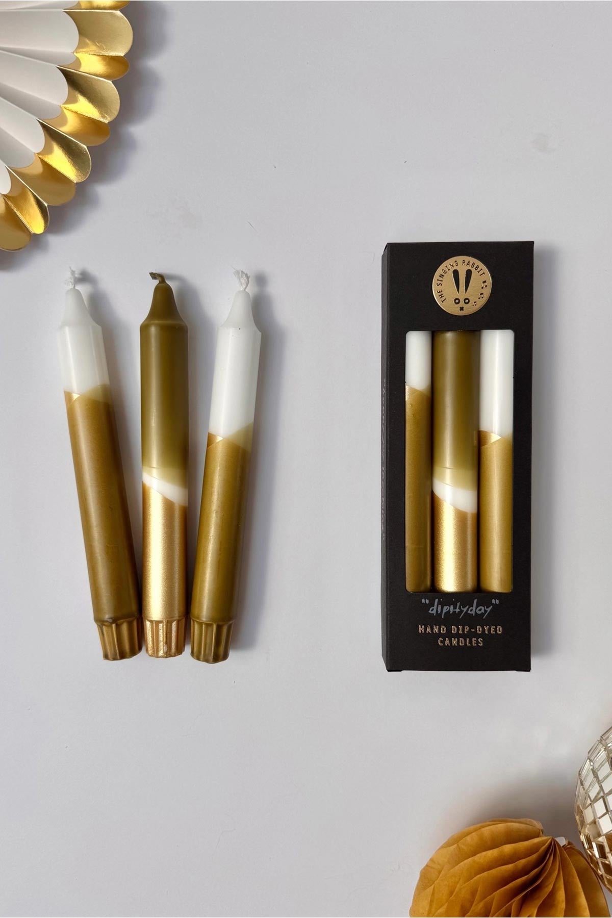 Olive green and gold dip dyed hand made taper dinner candles set of three — Urban Wild