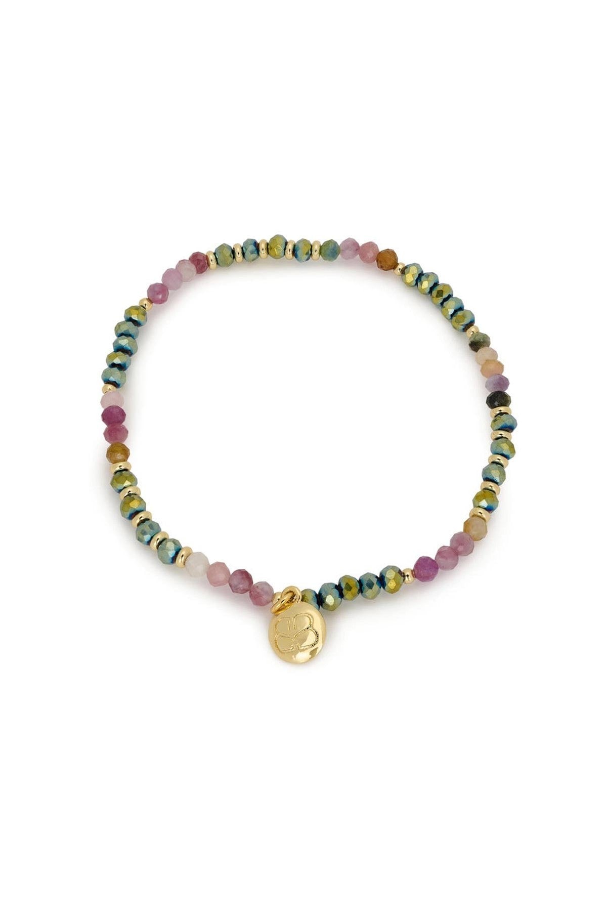 Olive tourmaline and gold stretch gemstone beaded bracelet with signature charm — Urban Wild