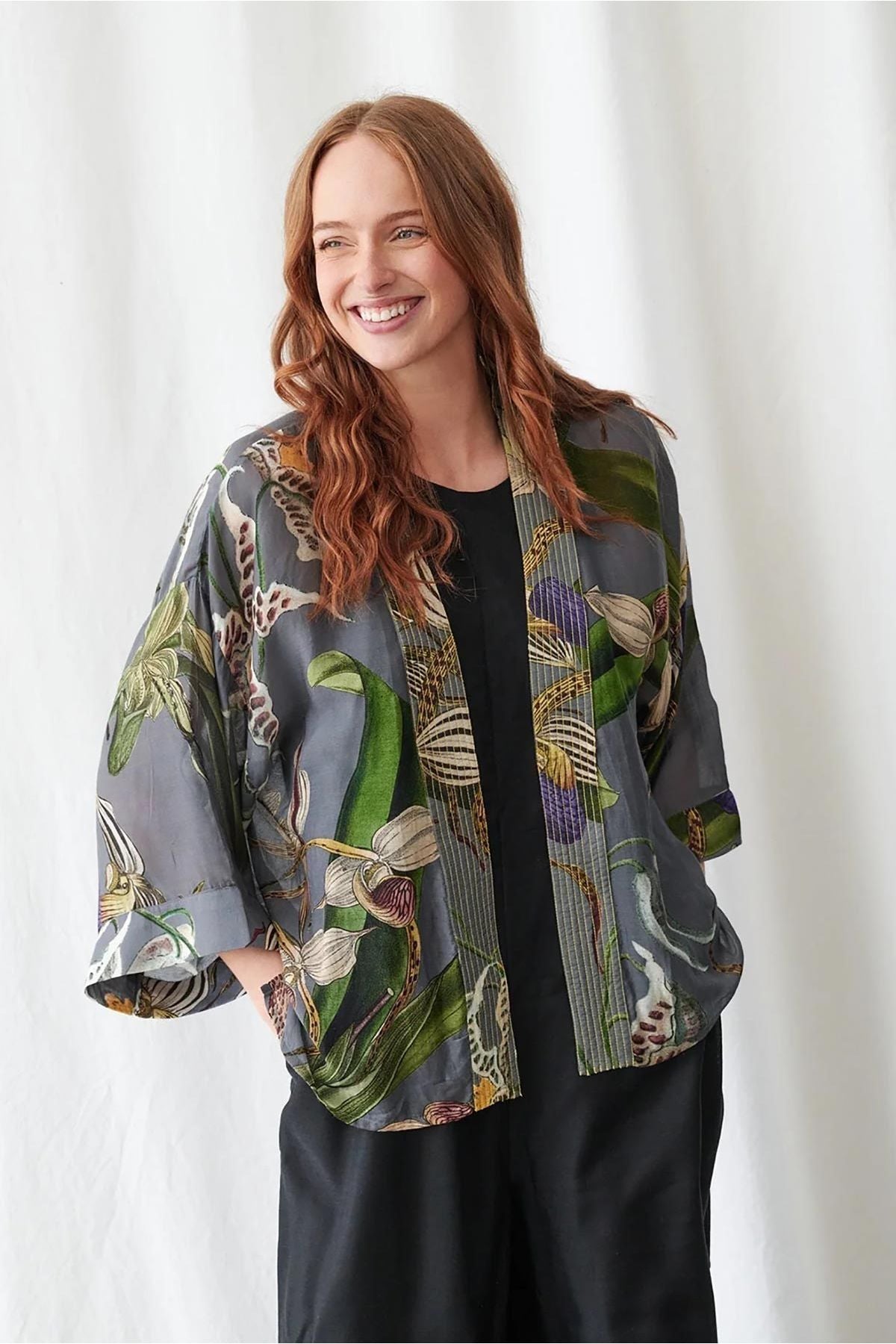 Orchid grey botanical print kimono with Slipper Orchid design on slate grey background — Urban Wild