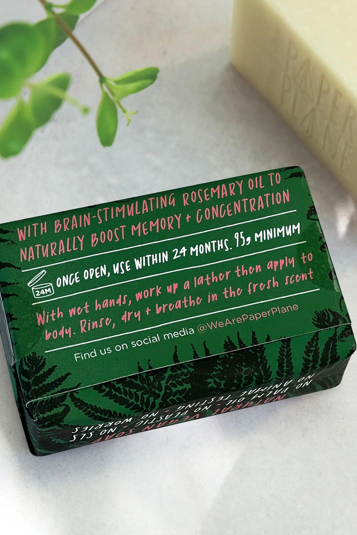 Back of Paper Plane Focus Bar rosemary soap showing usage and ingredients — Urban Wild
