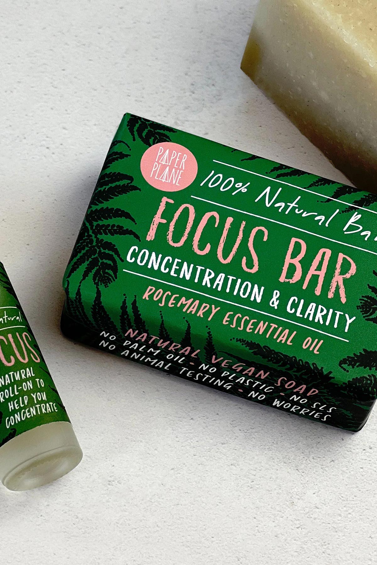 Paper Plane Focus rosemary soap bar with matching pulse point roller — Urban Wild