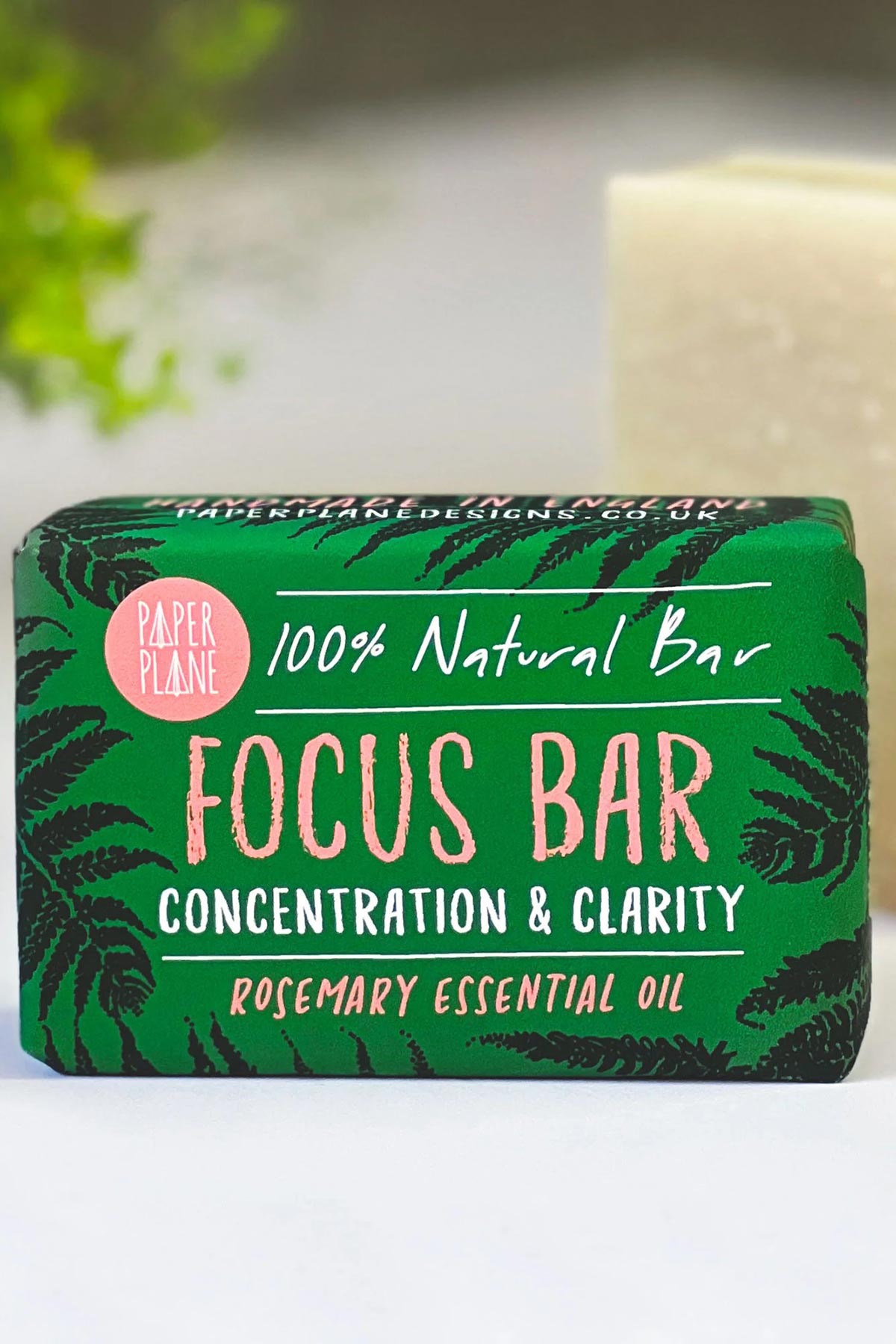Paper Plane Focus Bar rosemary natural vegan soap front packaging detail — Urban Wild
