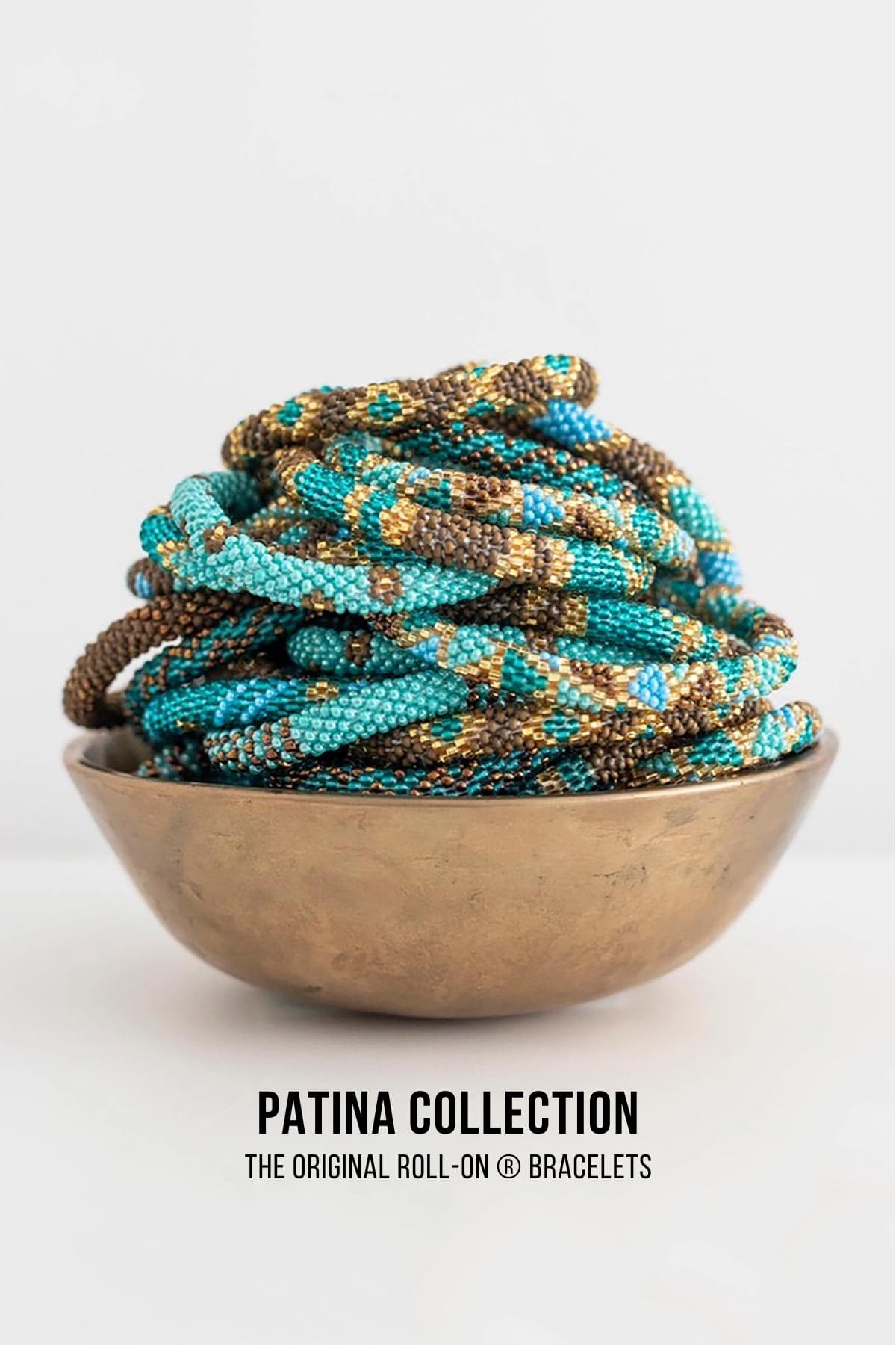 Patina turquoise and gold beaded roll-on bracelet collection in brass bowl — Urban Wild