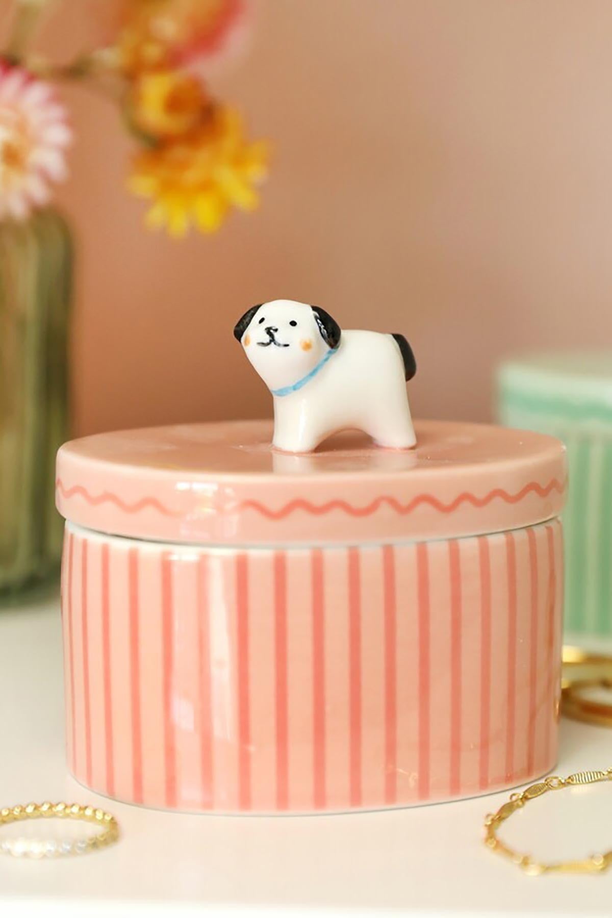 Pink striped ceramic dog trinket pot with figurine lid for jewellery storage — Urban Wild