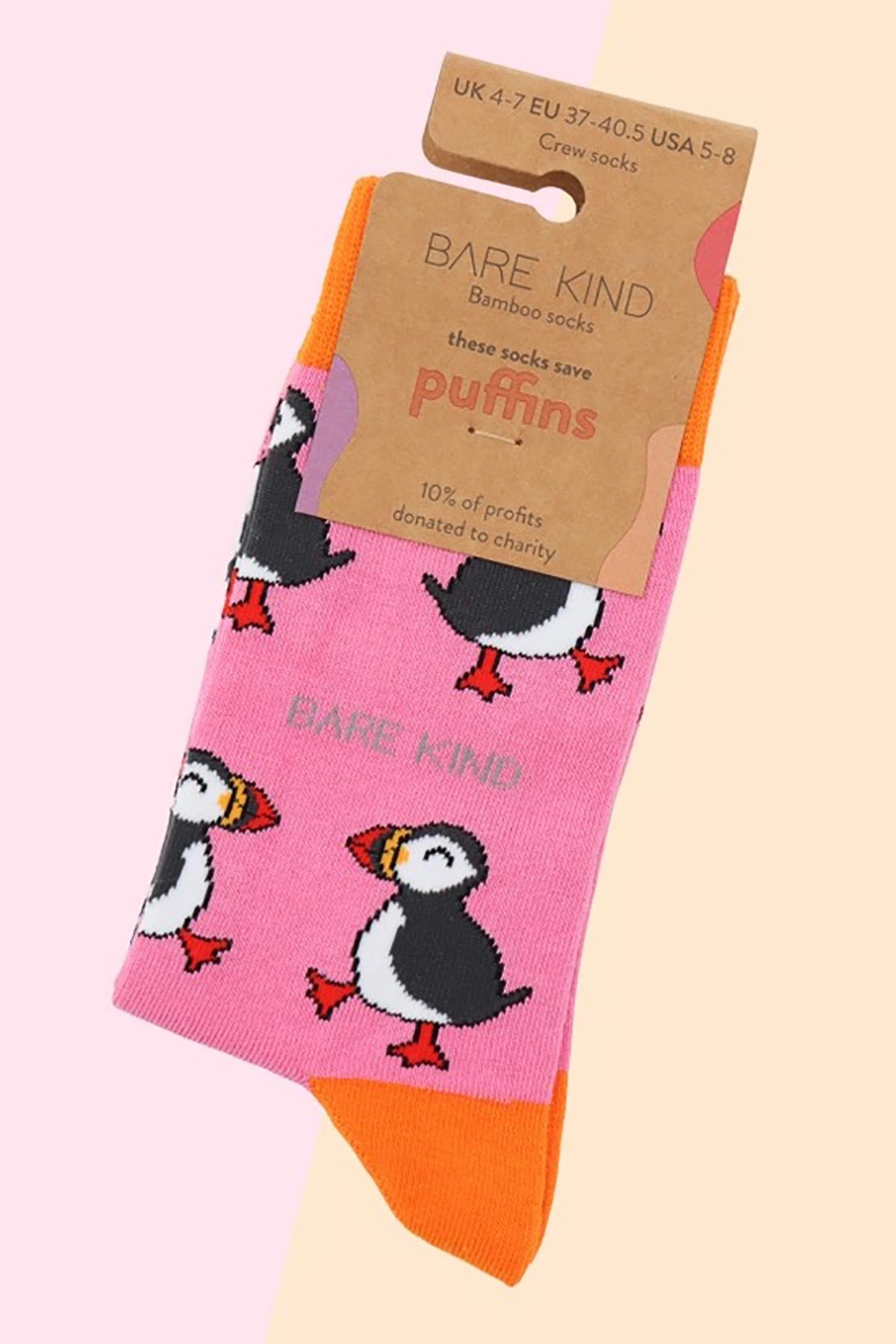 Pink bamboo crew socks with puffin print by Bare Kind in plastic-free packaging — Urban Wild